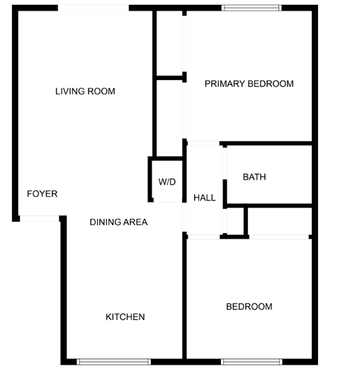 Floor plan for 2 beds, 1 bath, 745 sqft
